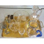 A cut glass claret jug and other glassware