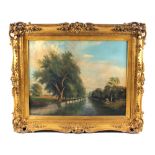 A signed Robert Mallett oil on canvas of a river scene with a man fishing,