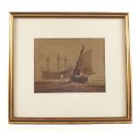 Samuel Prout (1783-1852), signed watercolour of a Hulk and a Cutter,