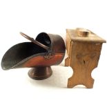 A 19th Century Copper coal helmet and a Pine shoe shine stool