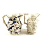 Two Victorian salt glazed relief stoneware jugs (damaged)