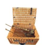 Two wicker hampers plus Brass fire irons and lamps,