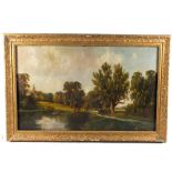 An unsigned oil on canvas of a gentleman fishing in his boat on a river, titled Church Reach,