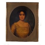 Unsigned oil on canvas laid to board, three quarter length oval portrait of a Lady,