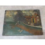 Unframed oil on canvas of a cottage and river scene with children and animals, signed F.