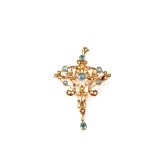 A 15ct Gold Art Nouveau Seed Pearl and Aquamarine set pendant