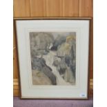 Ursula Macdonald, signed and dated 43, watercolour of a waterfall,