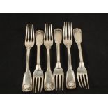 Six Silver dinner forks, fiddle, thread and shell pattern by Paul Storr,