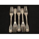 Five Silver dessert forks, fiddle, thread and shell pattern by Paul Storr,