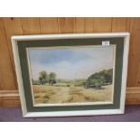 Three framed prints and an oil on board of a summer harvest scene by J.