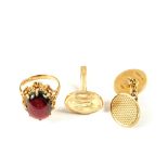 Two odd 9ct Gold cuff links together with a 9ct Gold red stone set ring