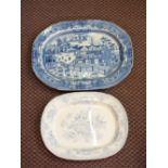 Victorian Willow pattern meat plate (cracked) and Asiatic pheasant plate