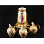 Three Royal Worcester Blush Ivory jugs and a porcelain figural vase (all damaged)