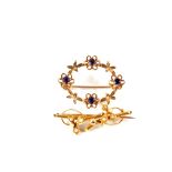 A 15ct Gold Seed Pearl set bar brooch together with a 9ct Gold Amethyst set brooch