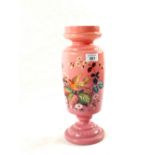 A Victorian pink opal glass vase with bird and floral decoration