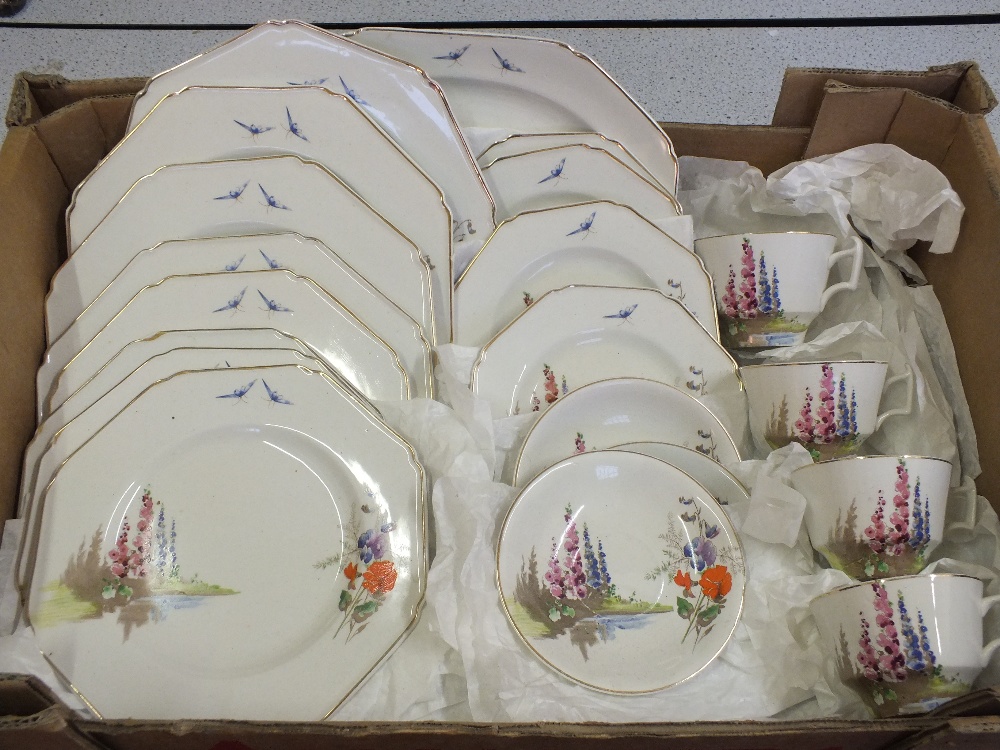 Two boxes of Hughes Longport floral china dinner/tea set