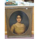 Unsigned oil on canvas laid to board, three quarter length oval portrait of a Lady,