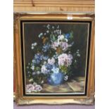 Two gilt framed oils on canvas of a still life and fishing vessels