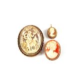 Two 9ct Gold mounted cameo brooches together with a 9ct Gold mounted cameo pendant