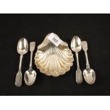 A set of four Victorian Silver teaspoons and a Silver butter dish in the form of a shell