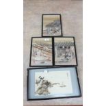 Two Japanese woodblock prints of artisans and a Mother of Pearl relief picture