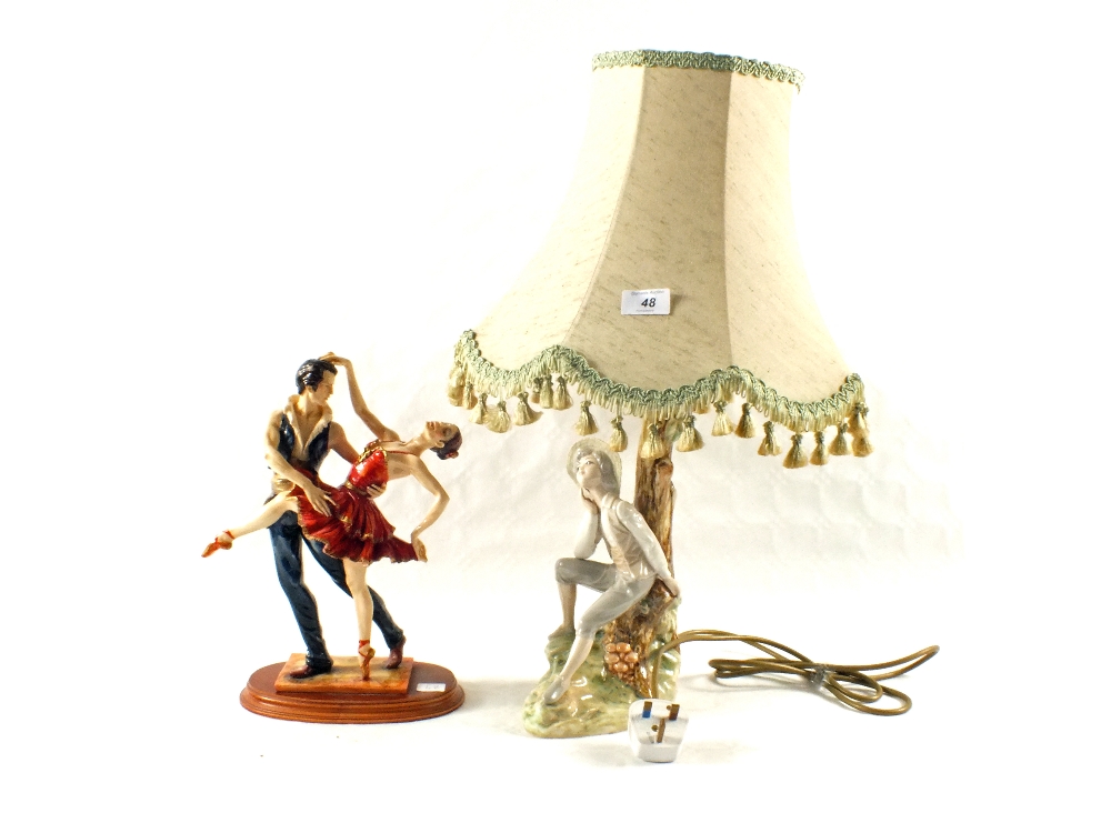 A Spanish porcelain figural table lamp and flamenco group