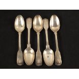 Five Silver teaspoons, fiddle, thread and shell pattern by Paul Storr,