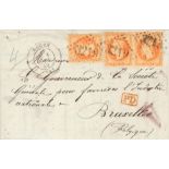 1869. 40 cts orange, strip of three. ROUEN to BRUXELLES. Lozenge large number Nº3219 cancel. VERY