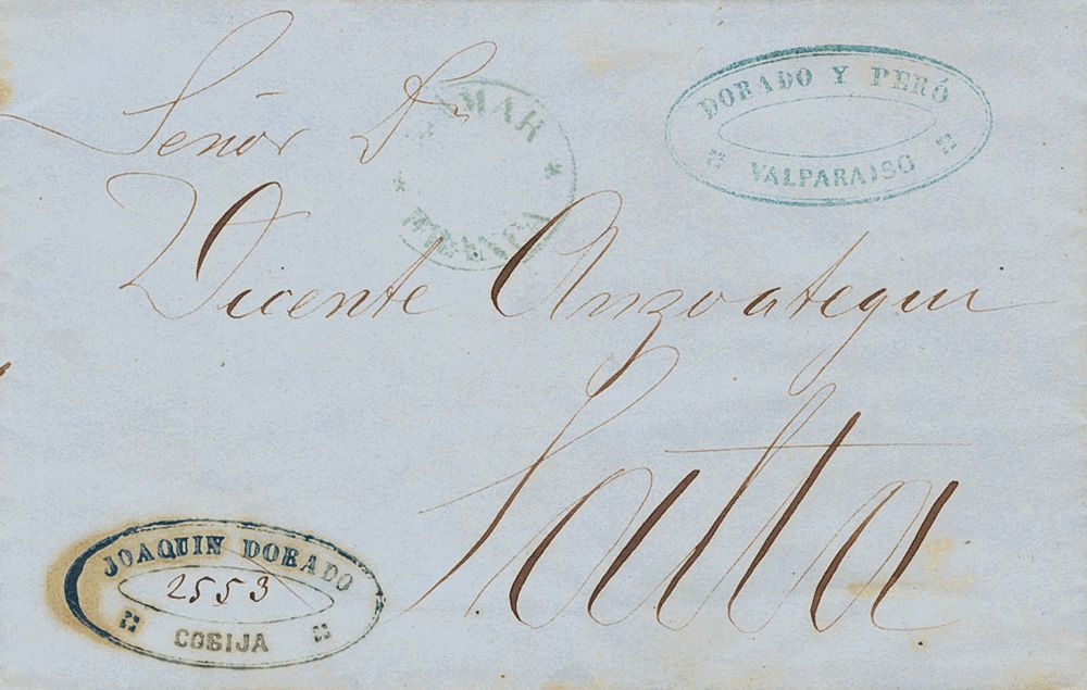 1864. VALPARAISO a SALTA (ARGENTINA). Marcas JOAQUIN DORADO / COBIJA (del encaminador) y LAMAR /