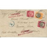 1941. 15 p lilac, 60 p burgundy and black and 100 p orange and black. LATI airmail from BREMEN to
