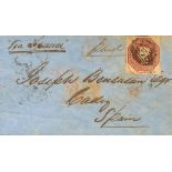 1852. 1 p red chestnut. Directed to CADIZ (stain from age). Via France. VERY FINE (S.G.57)