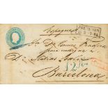 1856. 2 s blue on postal stationery card. ISERLOHN to BARCELONA. Pen cancel and on front date