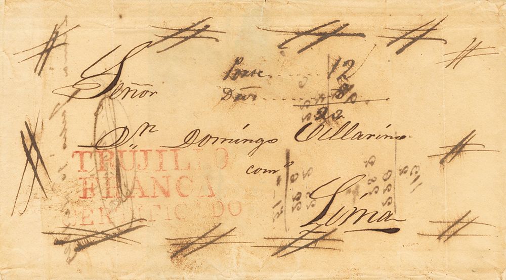 1829. TRUJILLO a LIMA. Marcas TRUJILLO / FRANCA y CERTIFICADO, "Cruces de tinta", en las esquinas