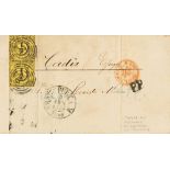 1858. 9 k black on yellow, two stamps (short margin). FRANKFURT to CADIZ. Numeral cancel "220", on