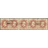 Selection of two strips of five of the 20 reis lilac chestnut, one with blue fancy cancel and the