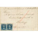 1875. 10 ctvos azul, dos sellos. OSORNO (CHILE) a HAMBURGO (ALEMANIA). Inutilizados a pluma y al