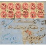 1867. 1 s pink, twelve stamps (horizontal archive crease) from ISERLOHN to CADIZ. Rectangular date