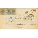 1865. 10 cts grey, three stamps. COURTRAI to BOURDEAUX (FRANCE). On front label 15 c value and entry