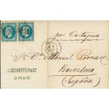 1869. 20 cts blue, pair. ORAN to BARCELONA. Lozenge large number Nº5051. VERY FINE.