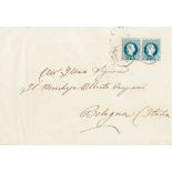 1879. 10 soldi blue, pair. JERUSALEM to BOLOGNA (ITALY). C.d.s. cancel GERUSALEMME, on reverse