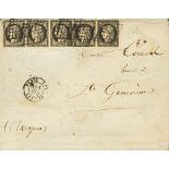 1849. 20 cts black, strip of five (one with short margin). PARIS to SAINTE GENEVIEVE. Grid cancel,