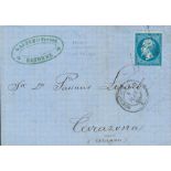 1865. 20 cts blue. BAYONNE to TARAZONA (SPAIN). Insufficiently franked and with no tax applied in