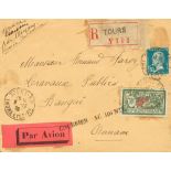1929. 1'50 fr blue and 10 fr green and red. Air mail registered cover from TOURS to BANGAI (
