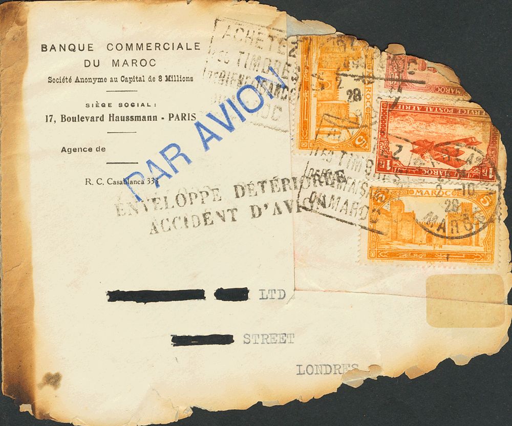 1929. 5 cts orange, two stamps, 40 cts red and 1 fr orange. CASABLANCA to LONDON. Plane of the