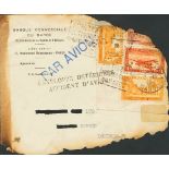 1929. 5 cts orange, two stamps, 40 cts red and 1 fr orange. CASABLANCA to LONDON. Plane of the