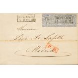 1870. 2 g blue, three stamps. METTLACH to MADRID. Rectangular date stamp cancel METTLACH. VERY FINE.