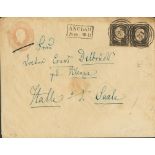 (1850ca). 1 s pink on Postal Stationery card from ANCLAM to HALLE, with complementary franking of