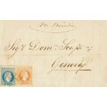 1870. 10 s blue and 15 s chestnut. LA CANEA (CRETE) to GENOA. Two lines date stamp cancel