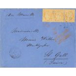 1873. 40 cts orange, strip of three. CAIRO (EGYPT) to SAINT GALLEN (SWITZERLAND). Lozenge of dots