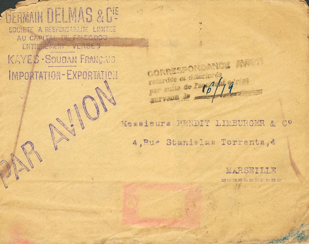 1933. Airmail crash cover from KAYES (MALI) to MARSEILLE. Airplane of the line CASABLANCA-TOULOUSE